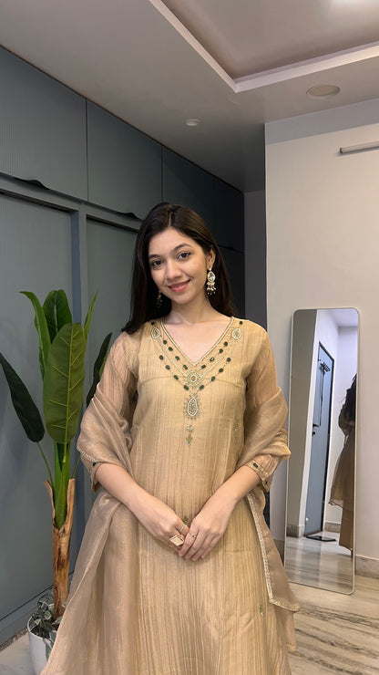 Champagne Beige Gold – Embellished Anarkali Suit Set with Dupatta 🤎🌿