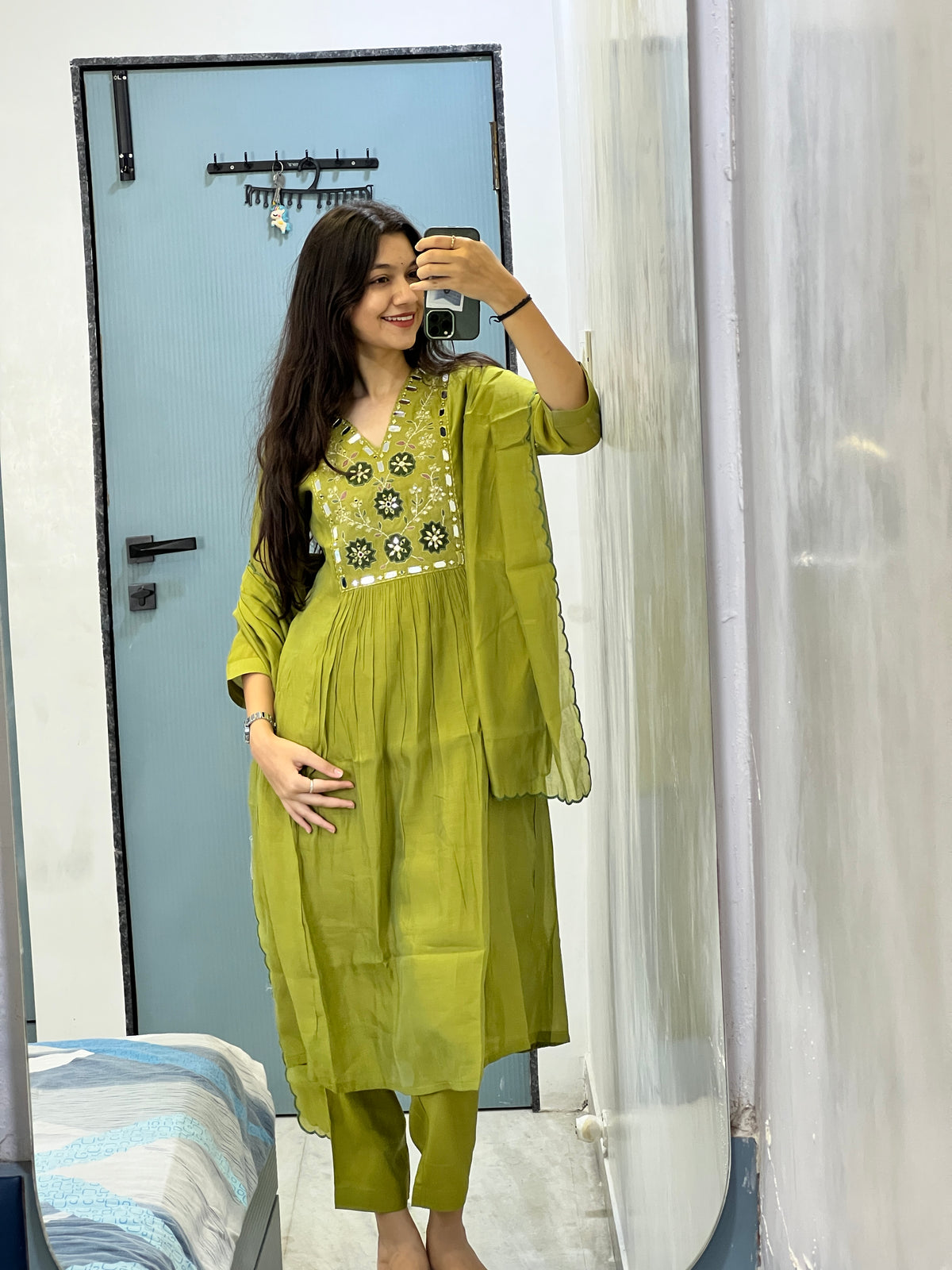 Olive Noor Mirror Work Mul Chanderi Anarkali Suit Set