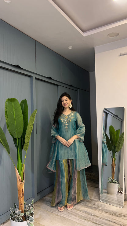Teal Reverie – Hand Embroidered Crush Tissue 3-Piece Palazzo Suit Set