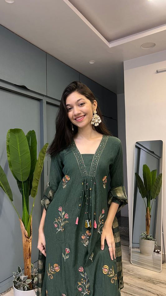 Emerald Grace – Hand-Embroidered Anarkali Suit Set with Sheer Dupatta 🌿✨