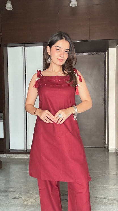 Garnet Majesty Red Pure Cotton Sleeveless Kurta Palazzo Set