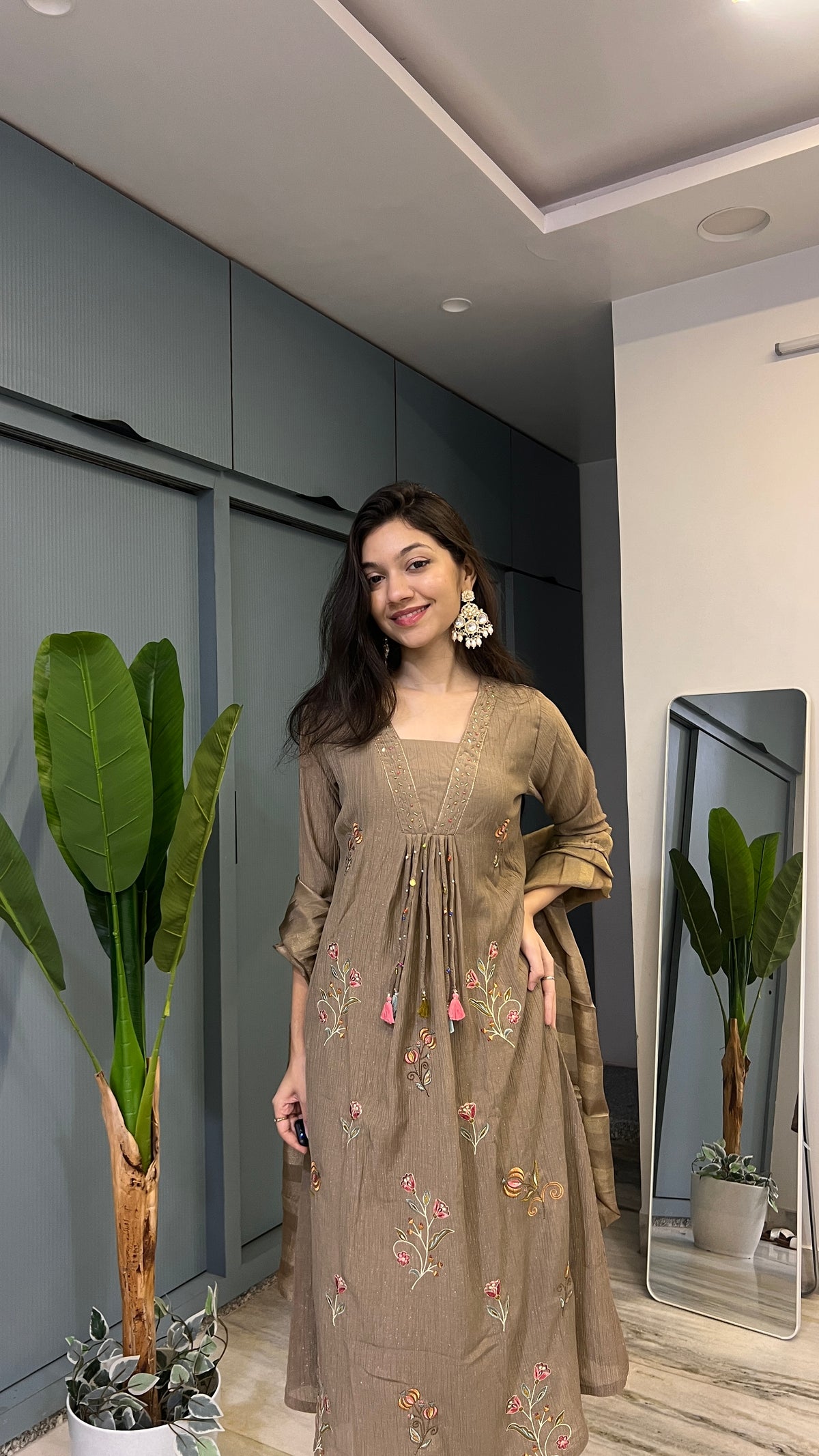Mocha Muse – Handworked Embroidered Anarkali Suit Set with Striped Silk Dupatta