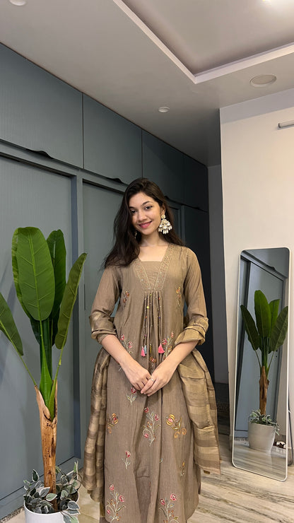 Mocha Muse – Handworked Embroidered Anarkali Suit Set with Striped Silk Dupatta