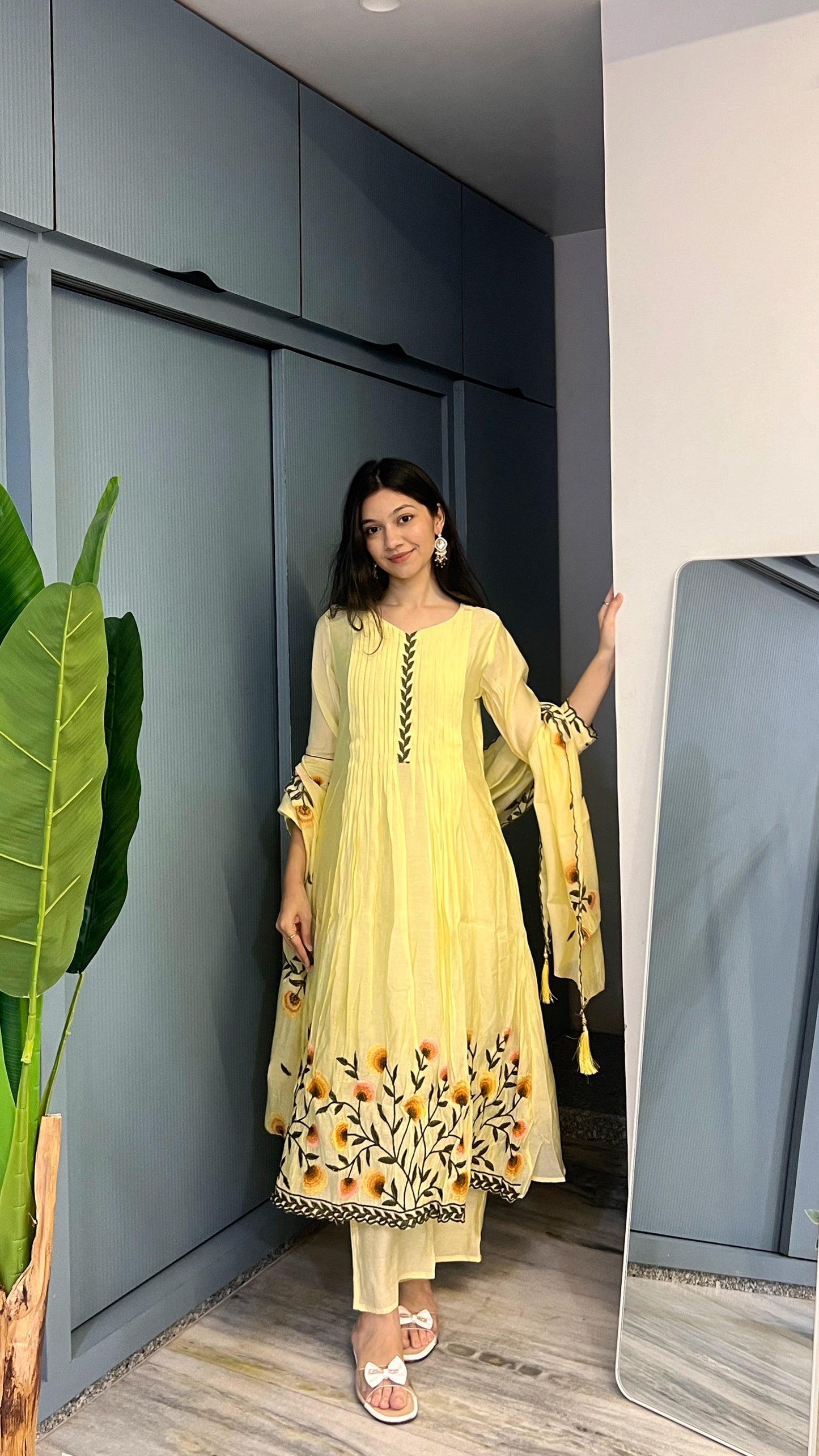 Butter Blossom Mul Chanderi Floral Thread Embroidered Anarkali Kurta Pant Set with Dupatta