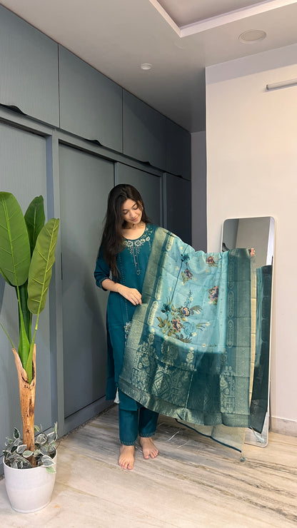 Teal Noor – Floral Embroidered Kurta Pant Set with Printed Dupatta
