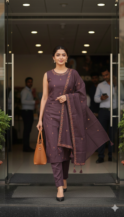 Dark Chocolate Embroidered Kurta Set