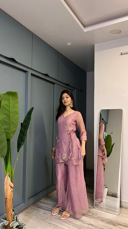 💜 Mauve Muse – Hand-Embroidered Crush Tissue Co-ord Set