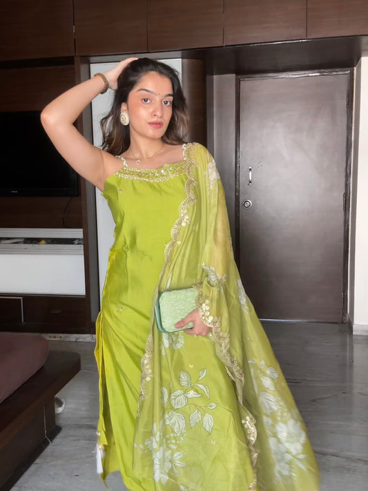 Emerald Splash Sleeveless White Handwork Kurta Palazzo Set