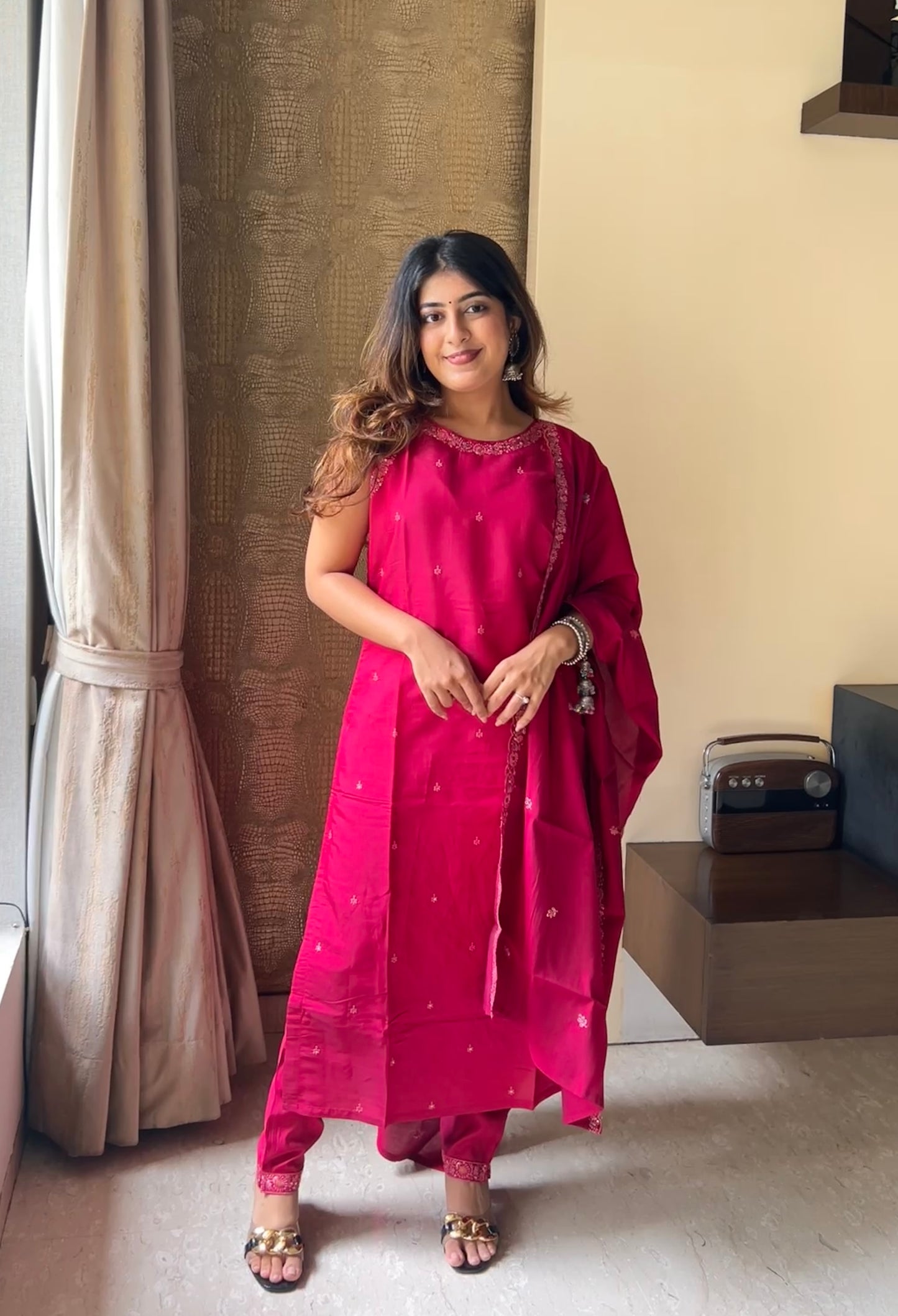 Rasberry Pink Embroidered Kurta Pant Set
