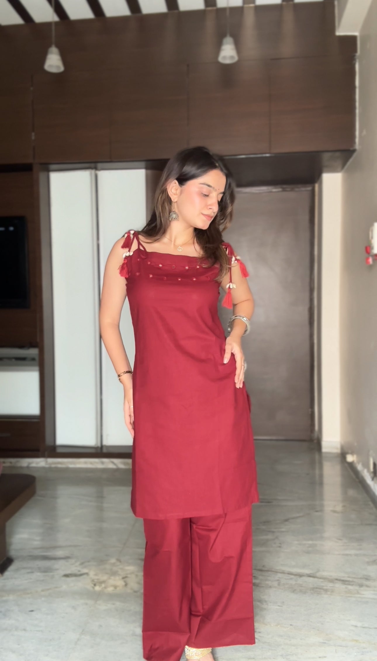 Garnet Majesty Red Pure Cotton Sleeveless Kurta Palazzo Set