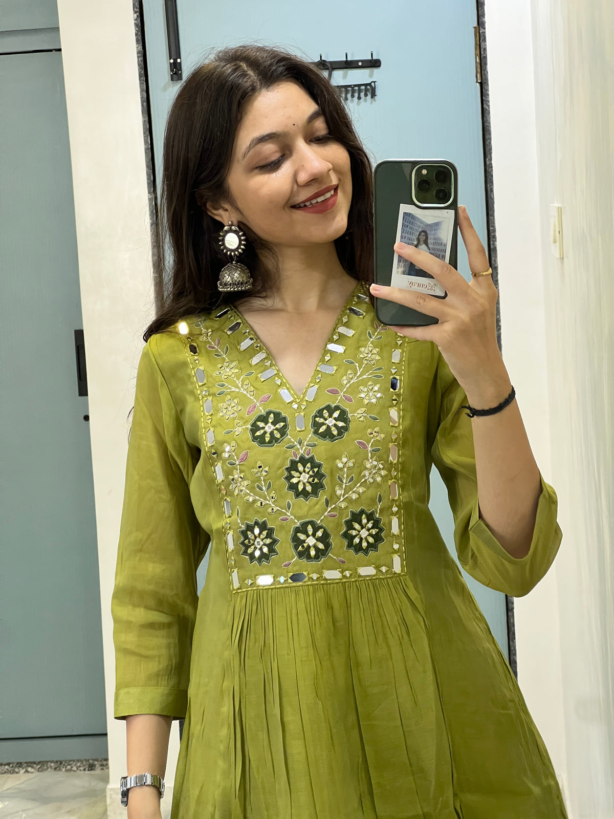 Olive Noor Mirror Work Mul Chanderi Anarkali Suit Set