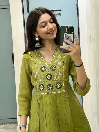 Olive Noor Mirror Work Mul Chanderi Anarkali Suit Set