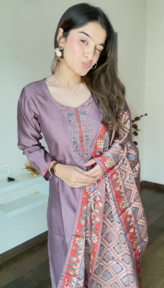 Blush Wine Handwotk Cotton Kurta Pant Set