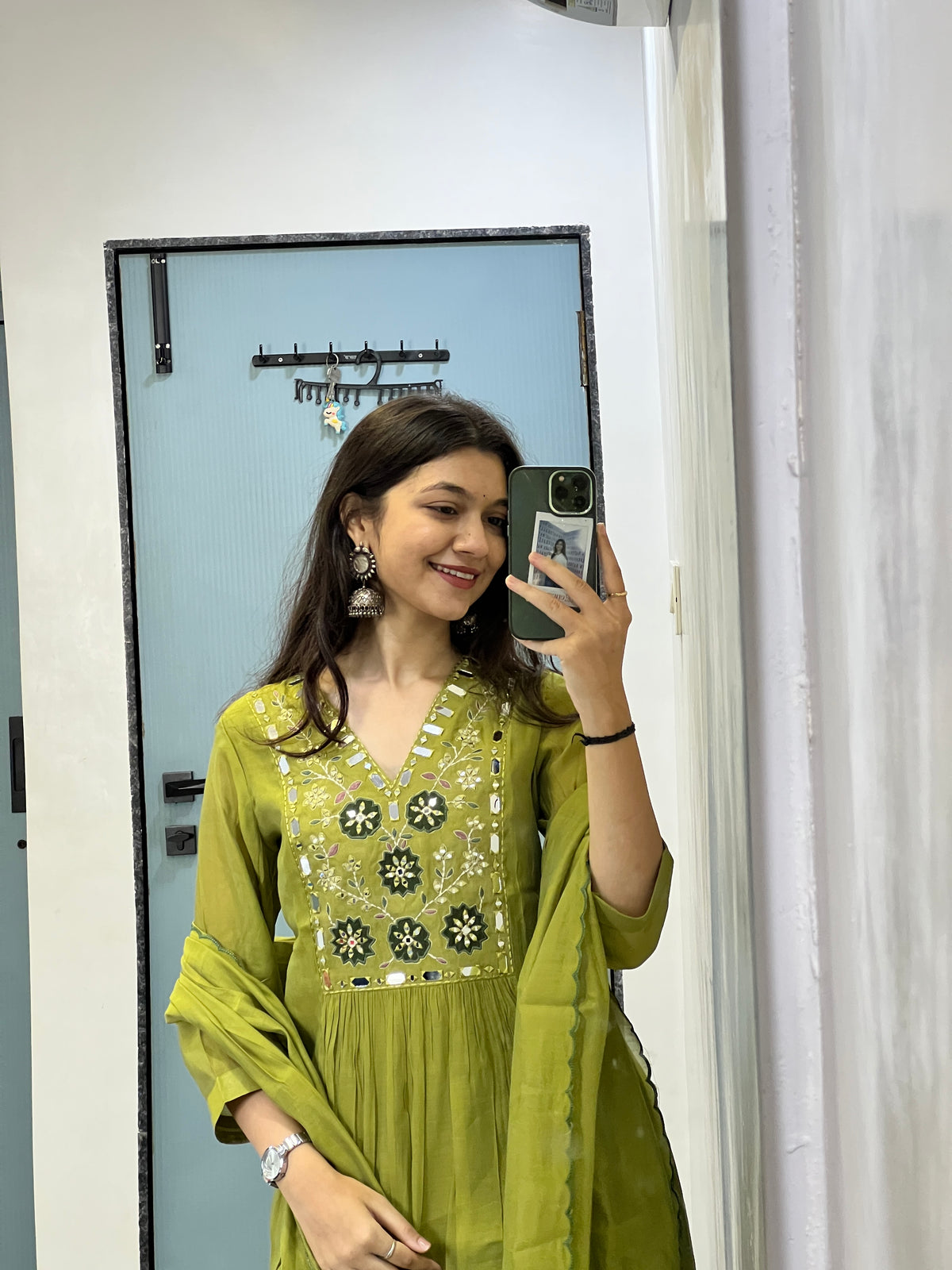 Olive Noor Mirror Work Mul Chanderi Anarkali Suit Set
