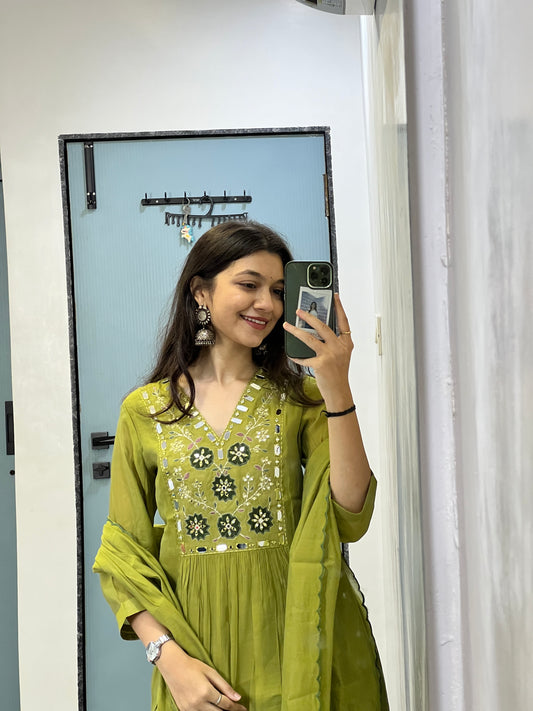 Olive Noor Mirror Work Mul Chanderi Anarkali Suit Set