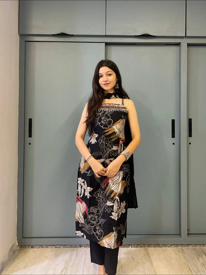 Space Black Floral Handwork Sleeveless Kurta Pant Set
