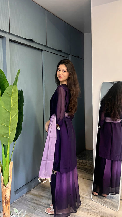 Amethyst Aura — Iridescent Tissue Handwork Short Kurti Palazzo Set with Dupatta