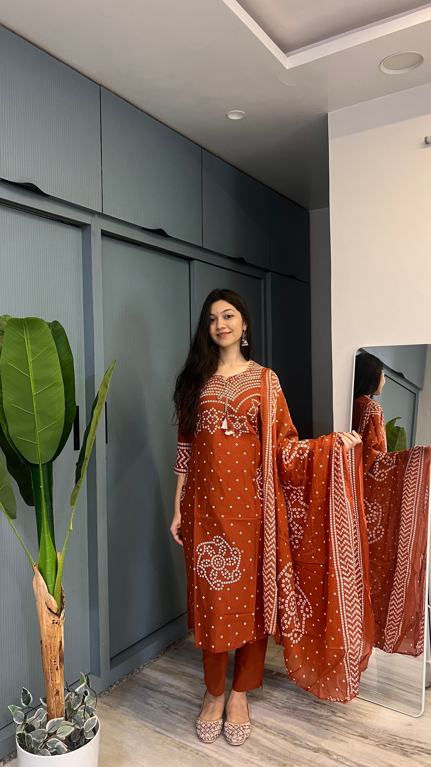 Terracotta Muse — Rust Printed Kurta Pant Set with Dupatta