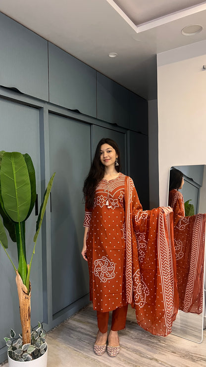 Terracotta Muse — Rust Printed Kurta Pant Set with Dupatta