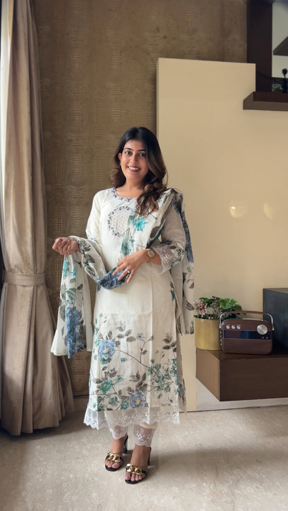 Silver Mist Mulmul Cotton Kurta Pant Set