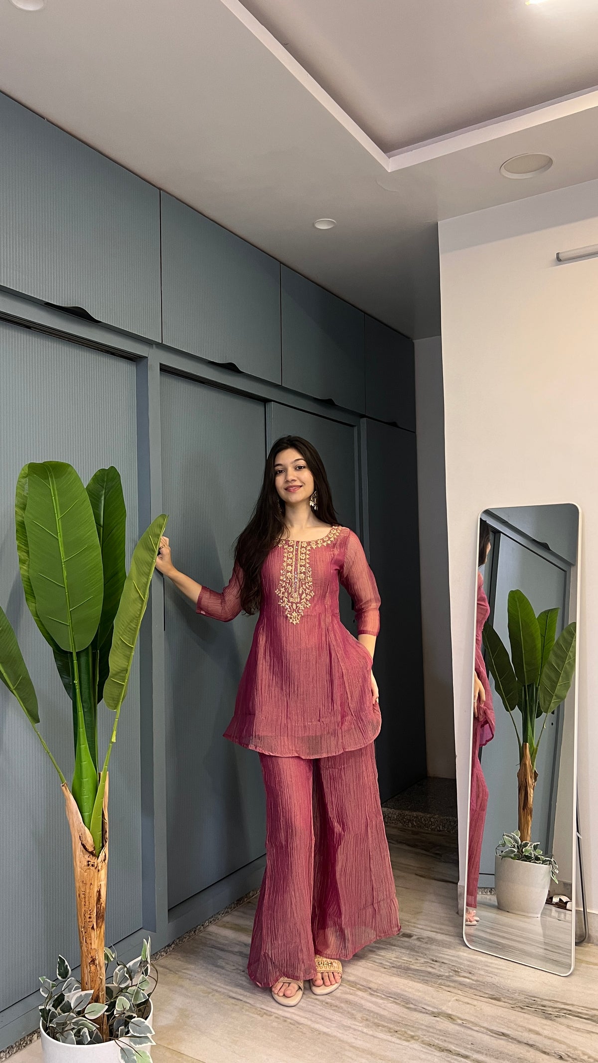Rust Wine – Hand-Embroidered Crush Tissue Co-ord Set