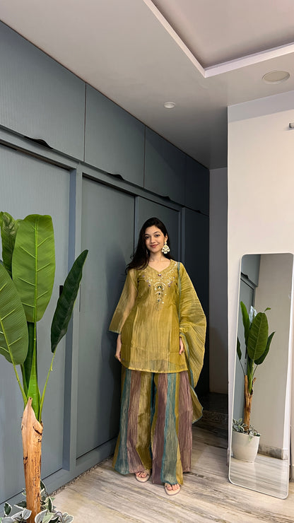 ✨ Golden Mosaic – Mustard Gold Crush Tissue Embroidered Palazzo Set with Dupatta 💛🌿
