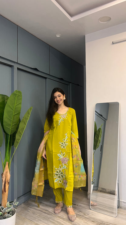 Lemon Luxe Handcrafted Floral Embroidered Suit Set with Printed Dupatta ✨