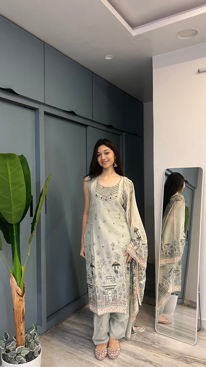 Pista Heritage Floral Printed Embroidered Mul-Mul Cotton Kurta Pant Set with Dupatta