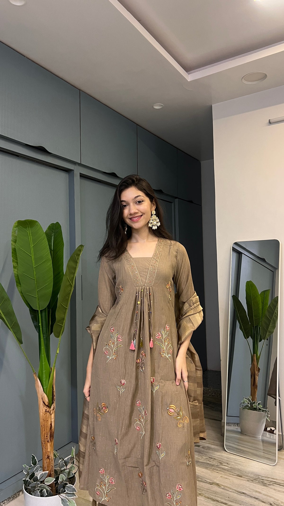 Mocha Muse – Handworked Embroidered Anarkali Suit Set with Striped Silk Dupatta