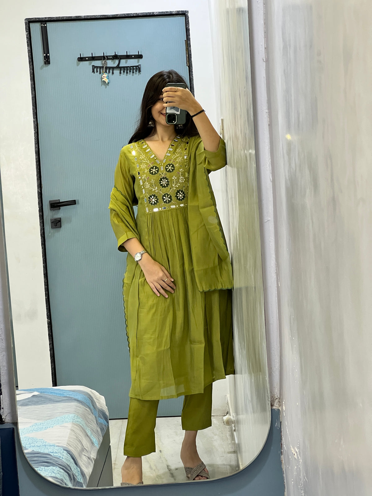 Olive Noor Mirror Work Mul Chanderi Anarkali Suit Set
