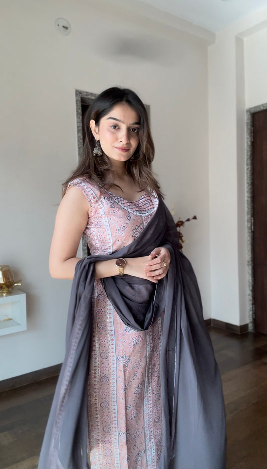 Rosebud Hue Pink Mulmul Cotton Kurti Pant Set
