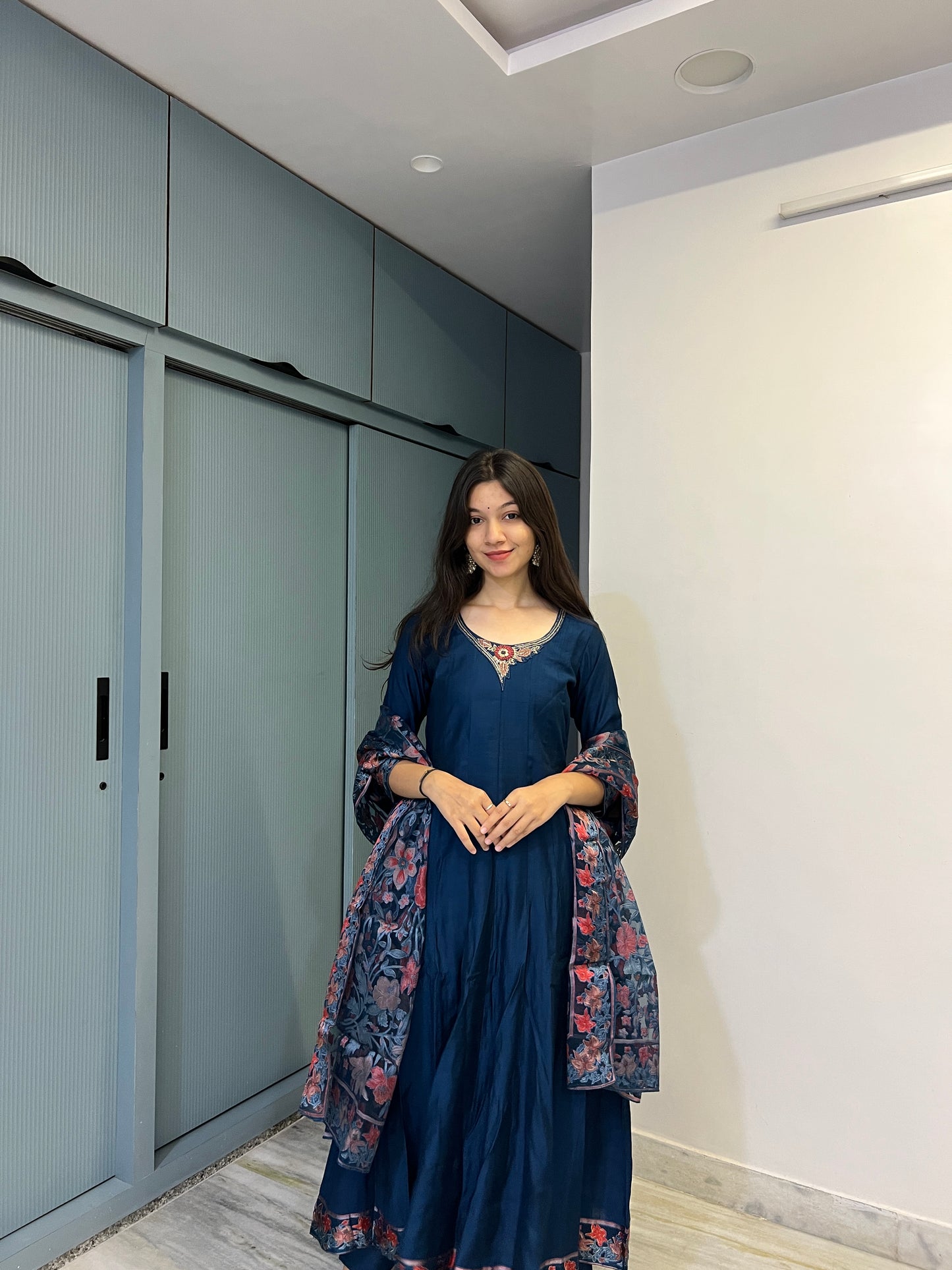 Imperial Blue Pure Cotton Anarkali Suit Set