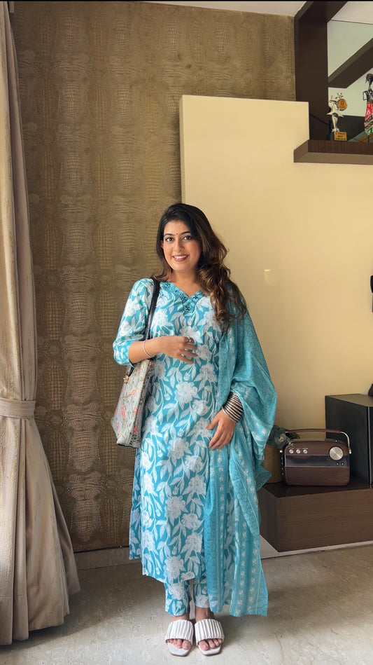 Azure Blue Pure Cotton Kurta Pant Set