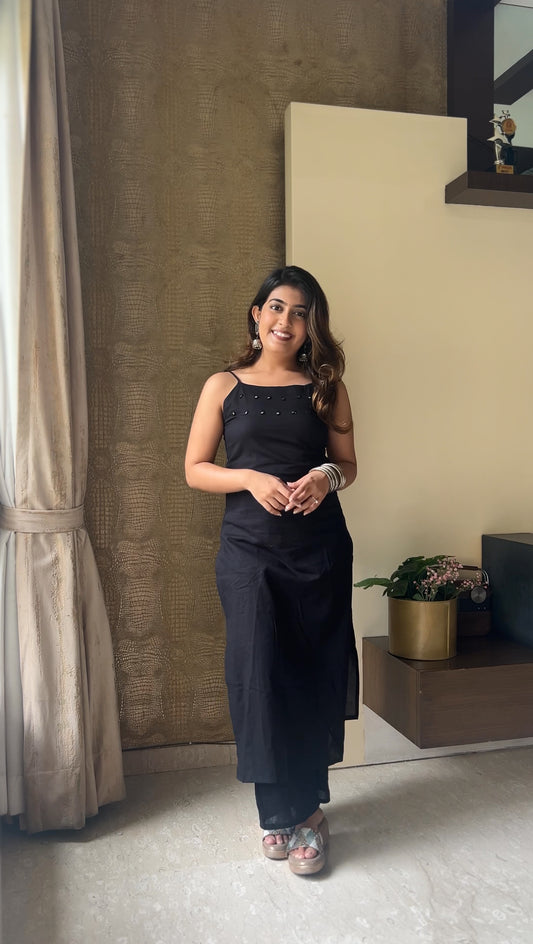 Midnight Black Cotton Sleeveless Kurta Palazzo Set
