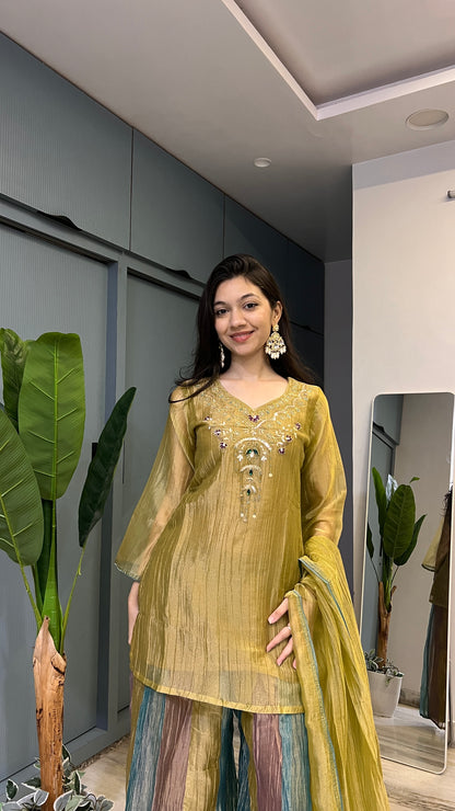✨ Golden Mosaic – Mustard Gold Crush Tissue Embroidered Palazzo Set with Dupatta 💛🌿