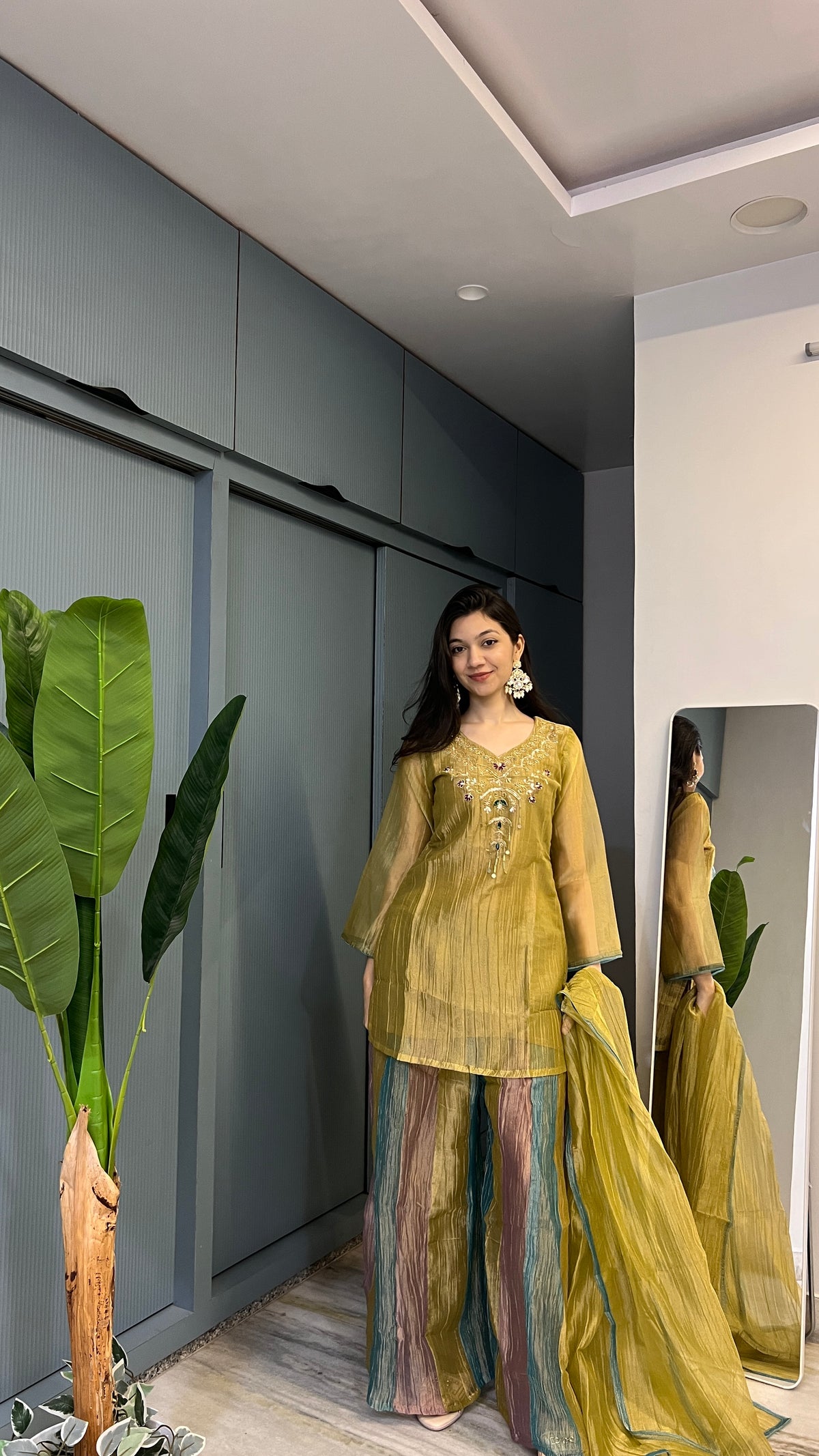 ✨ Golden Mosaic – Mustard Gold Crush Tissue Embroidered Palazzo Set with Dupatta 💛🌿