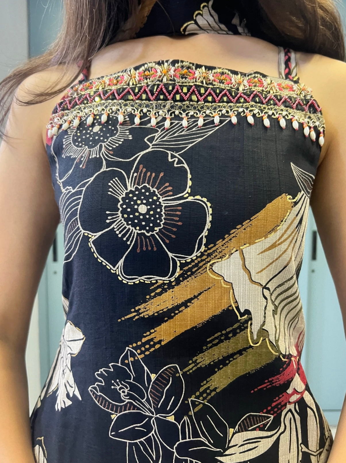 Space Black Floral Handwork Sleeveless Kurta Pant Set