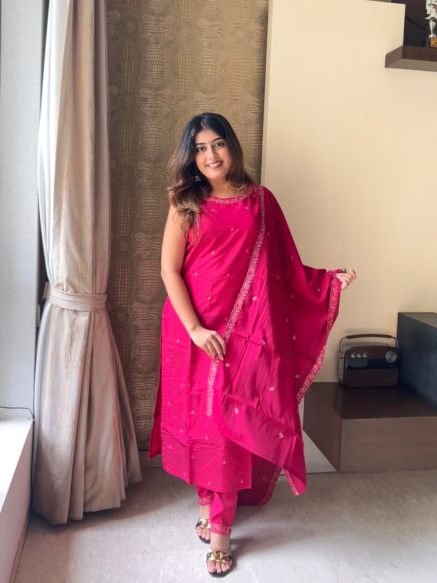 Rasberry Pink Embroidered Kurta Pant Set