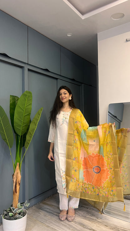 Ivory Haze – Embroidered Cotton Blend Suit Set with Chanderi-Style Organza Dupatta