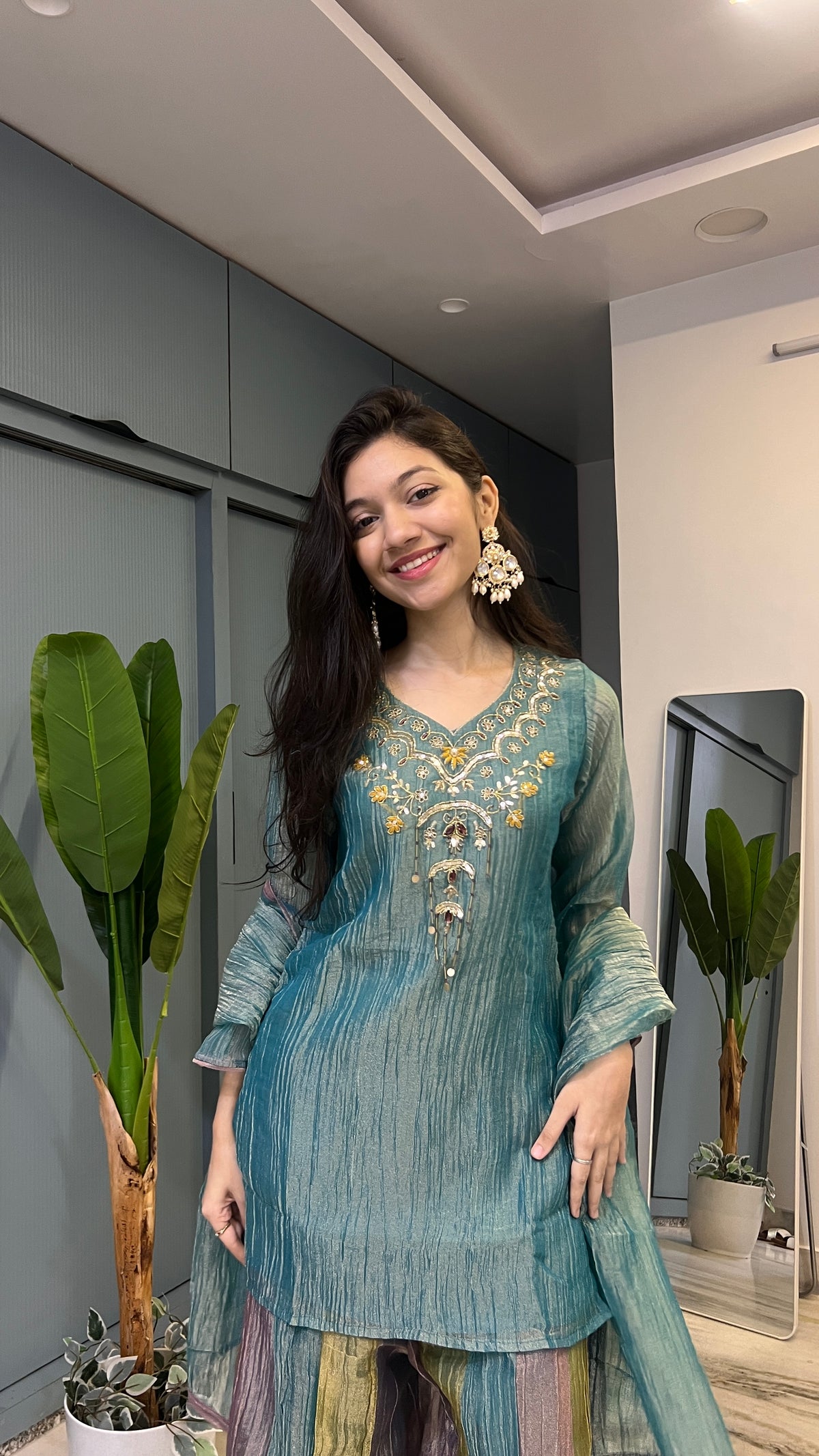 Teal Reverie – Hand Embroidered Crush Tissue 3-Piece Palazzo Suit Set