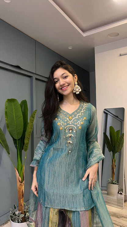 Teal Reverie – Hand Embroidered Crush Tissue 3-Piece Palazzo Suit Set