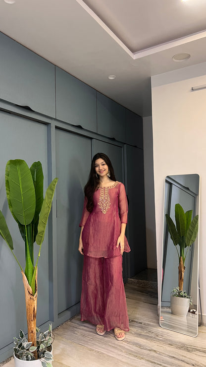 Rust Wine – Hand-Embroidered Crush Tissue Co-ord Set
