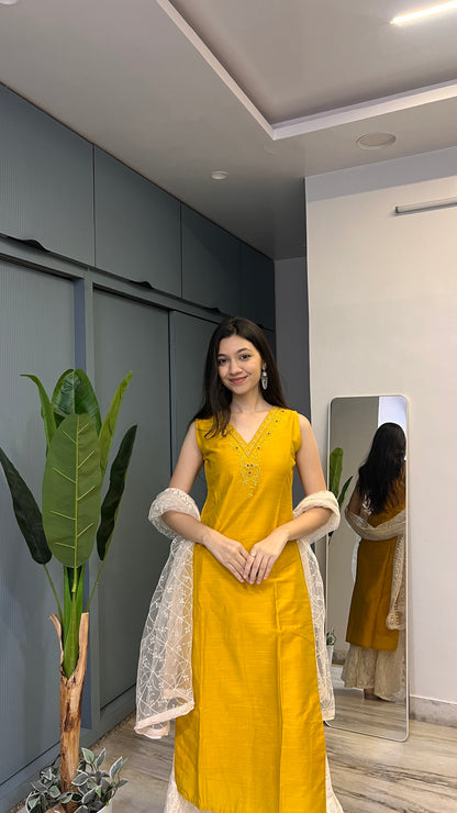 Marigold Muse – Mustard Embroidered Kurti Sharara Set with Dupatta