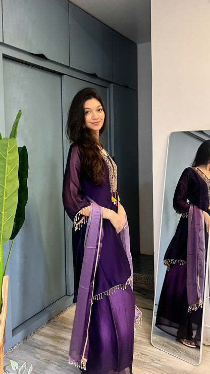 Amethyst Aura — Iridescent Tissue Handwork Short Kurti Palazzo Set with Dupatta