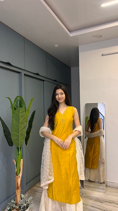 Marigold Muse – Mustard Embroidered Kurti Sharara Set with Dupatta