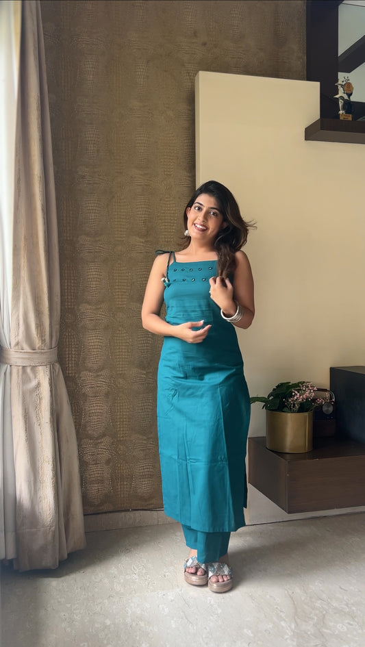 Aquamarine Blue Cotton Sleeveless Kurta Palazzo Set