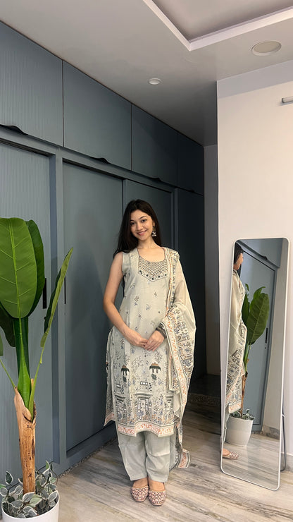 Pista Heritage Floral Printed Embroidered Mul-Mul Cotton Kurta Pant Set with Dupatta