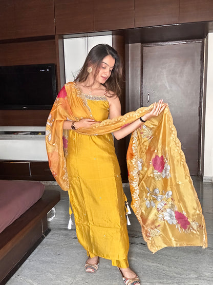 Mustard Yellow Handwork Sleeveless Kurta Palazzo Set