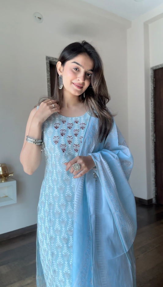 Azure Oasis Blue Mulmul Cotton Kurta Pant Set