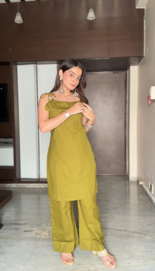 Olive Green Pure Cotton Sleeveless Kurta Palazzo Co-ord Set